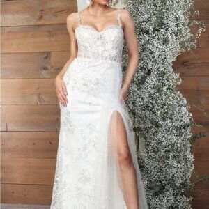 Off white wedding dress,fitted lace Applique beaded leg slit bridal gown